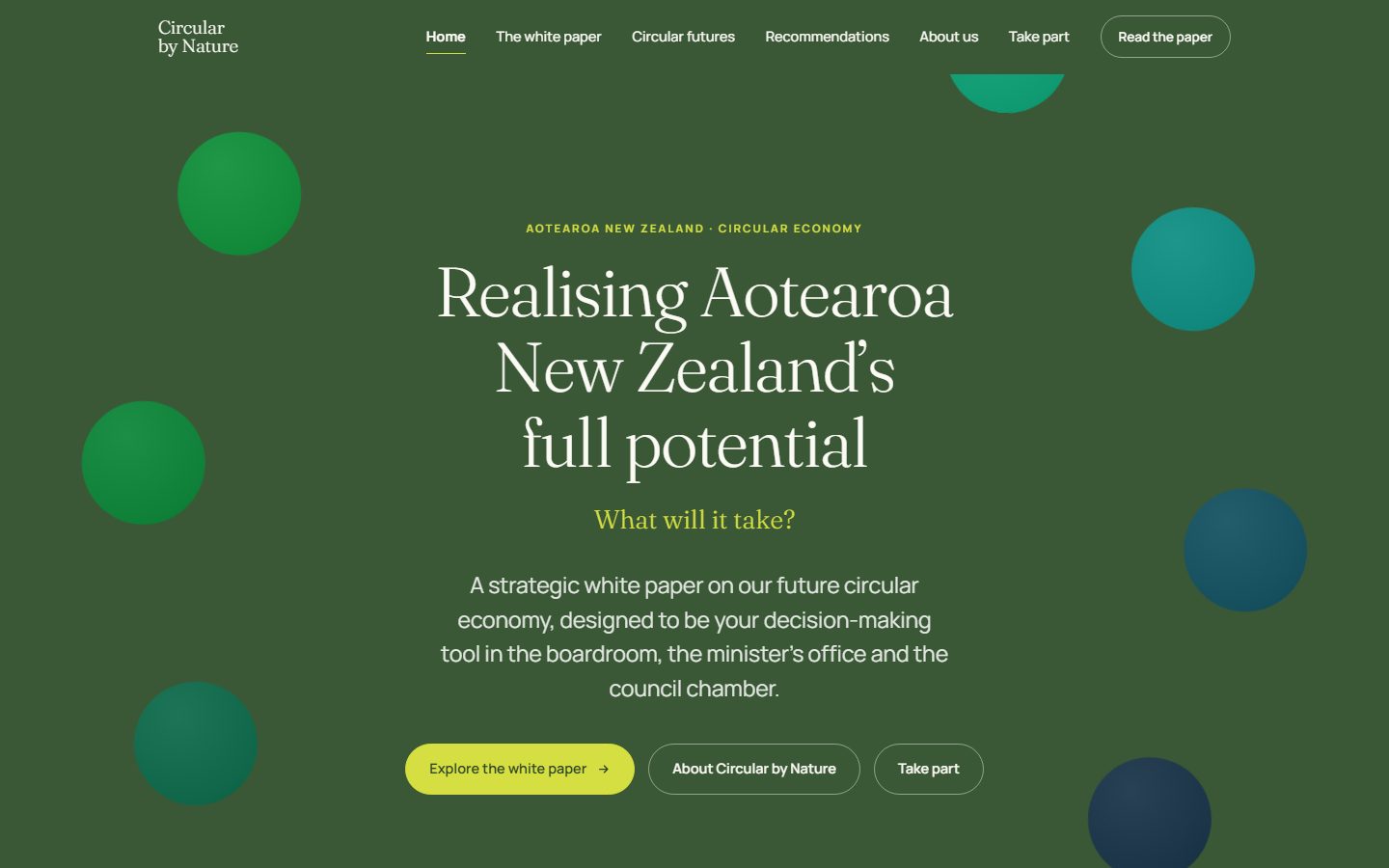 Homepage of circularbynature.org: a forest-green hero with floating coloured spheres and the headline Realising Aotearoa New Zealand's full potential